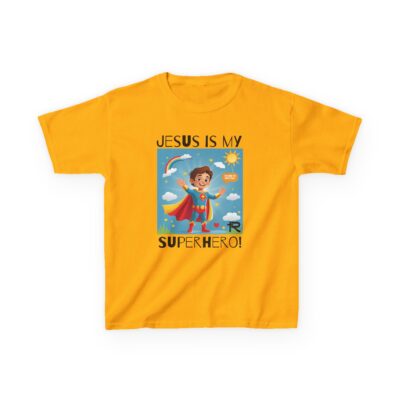 Jesus Is My Superhero! Kids Tee - Wht. Supe, Blk. Lettering