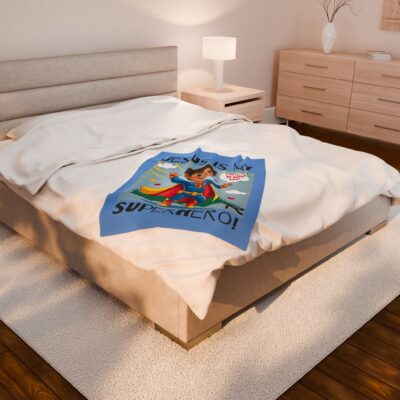 Jesus is my Superhero! Kid's Blanket - Blue, Blk. Lettering, Hispanic Supe - Image 10