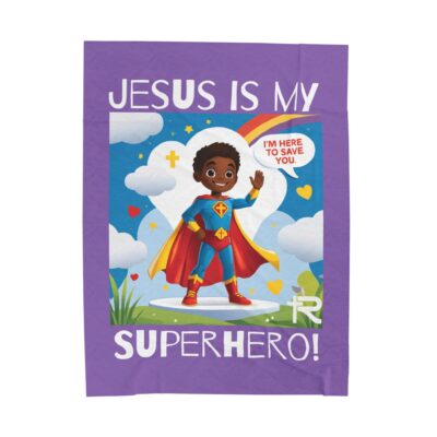 Jesus is my Superhero! Kids Blanket - Purple, Wht. Lettering, Black Supe - Image 2