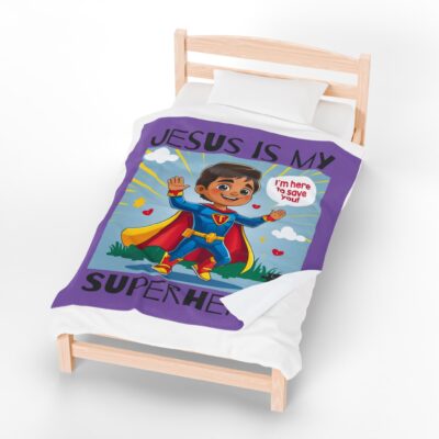 Jesus is my Superhero! Kid's Blanket - Purple, Blk. Lettering, Hispanic Supe - Image 18