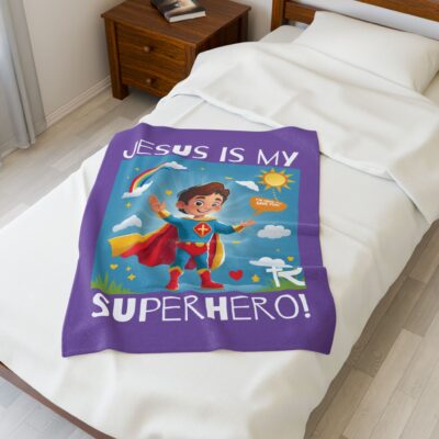 Jesus is my Superhero! Kid's Blanket - Purple, Wht. Lettering, White Supe - Image 9