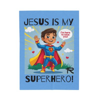 Jesus is my Superhero! Kid's Blanket - Blue, Blk. Lettering, Hispanic Supe - Image 8