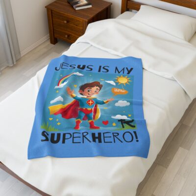 Jesus is my Superhero! Kid's Blanket - Blue, Blk. Lettering, White Supe - Image 9