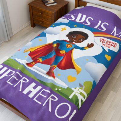 Jesus is my Superhero! Kids Blanket - Purple, Wht. Lettering, Black Supe - Image 3