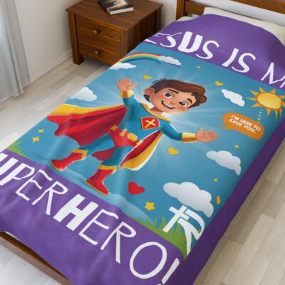 Jesus is my Superhero! Kid's Blanket - Purple, Wht. Lettering, White Supe - Image 3