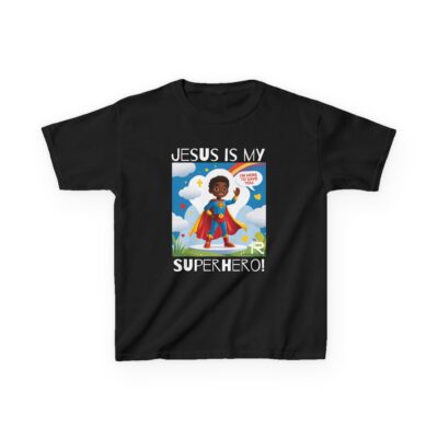 Jesus Is My Superhero! Kids Tee - Blk. Supe, Wht. Lettering - Image 19
