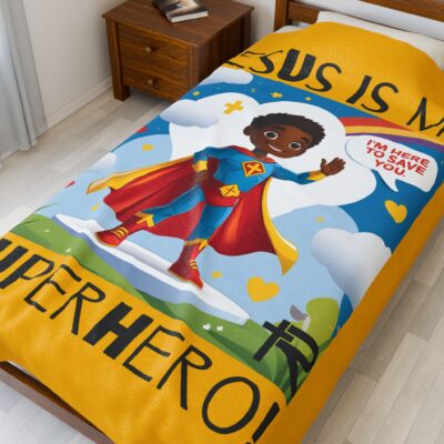 Jesus is my Superhero! Kid's Blanket - Yellow, Blk. Lettering, Black Supe - Image 3