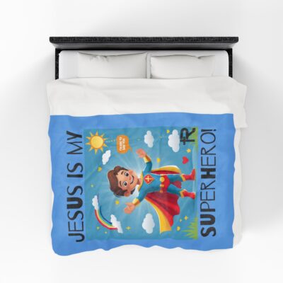 Jesus is my Superhero! Kid's Blanket - Blue, Blk. Lettering, White Supe - Image 7