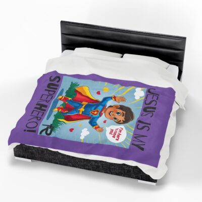 Jesus is my Superhero! Kid's Blanket - Purple, Blk. Lettering, Hispanic Supe - Image 5