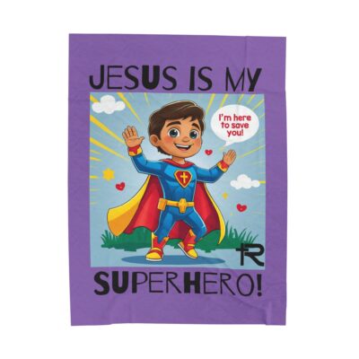 Jesus is my Superhero! Kid's Blanket - Purple, Blk. Lettering, Hispanic Supe - Image 2
