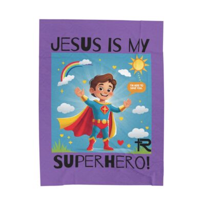 Jesus is my Superhero! Kid's Blanket - Purple, Blk. Lettering, White Supe - Image 2