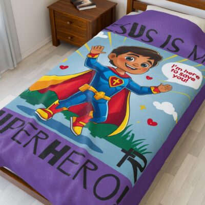 Jesus is my Superhero! Kid's Blanket - Purple, Blk. Lettering, Hispanic Supe - Image 3