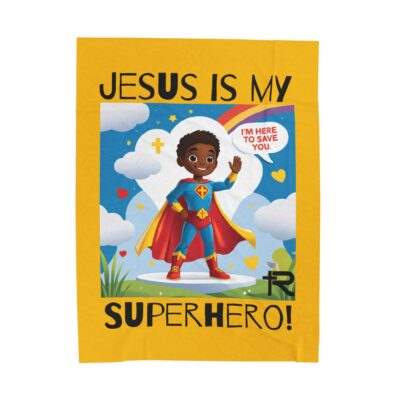Jesus is my Superhero! Kid's Blanket - Yellow, Blk. Lettering, Black Supe - Image 2