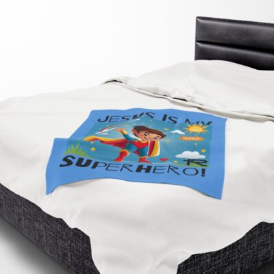 Jesus is my Superhero! Kid's Blanket - Blue, Blk. Lettering, White Supe - Image 13