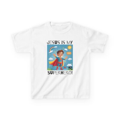 Jesus Is My Superhero! Kids Tee - Wht. Supe, Blk. Lettering - Image 5
