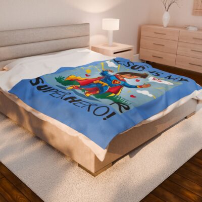Jesus is my Superhero! Kid's Blanket - Blue, Blk. Lettering, Hispanic Supe - Image 4