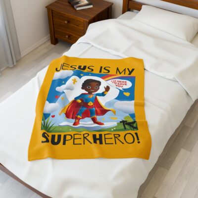 Jesus is my Superhero! Kid's Blanket - Yellow, Blk. Lettering, Black Supe - Image 9