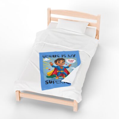Jesus is my Superhero! Kid's Blanket - Blue, Blk. Lettering, Hispanic Supe - Image 11