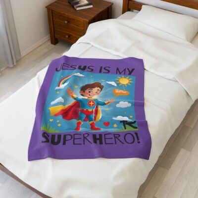 Jesus is my Superhero! Kid's Blanket - Purple, Blk. Lettering, White Supe - Image 9