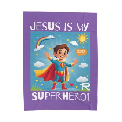 Jesus is my Superhero! Kid's Blanket - Purple, Wht. Lettering, White Supe - Image 2