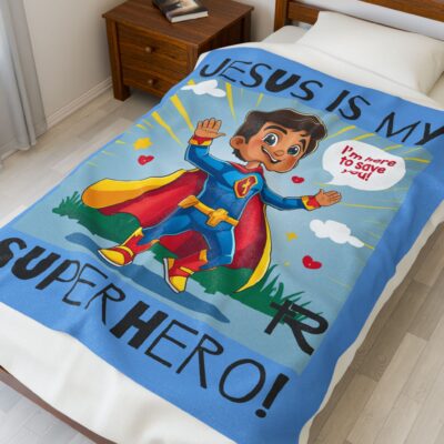 Jesus is my Superhero! Kid's Blanket - Blue, Blk. Lettering, Hispanic Supe - Image 16