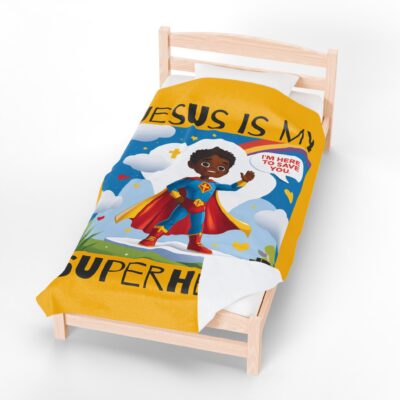 Jesus is my Superhero! Kid's Blanket - Yellow, Blk. Lettering, Black Supe
