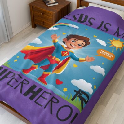Jesus is my Superhero! Kid's Blanket - Purple, Blk. Lettering, White Supe - Image 3