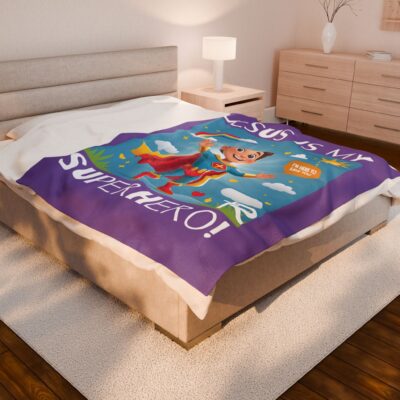Jesus is my Superhero! Kid's Blanket - Purple, Wht. Lettering, White Supe - Image 4