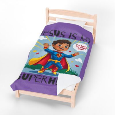 Jesus is my Superhero! Kid's Blanket - Purple, Blk. Lettering, Hispanic Supe