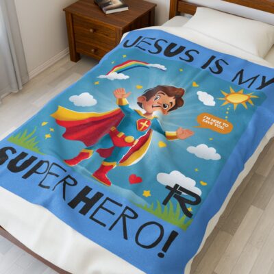 Jesus is my Superhero! Kid's Blanket - Blue, Blk. Lettering, White Supe - Image 16