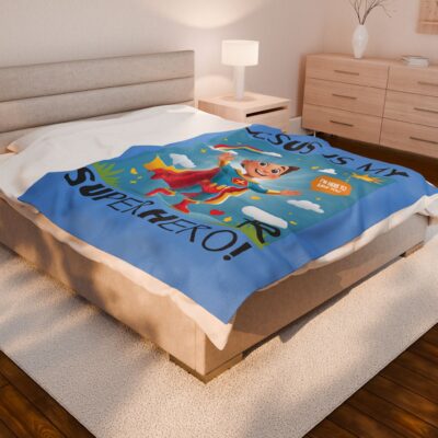Jesus is my Superhero! Kid's Blanket - Blue, Blk. Lettering, White Supe - Image 4