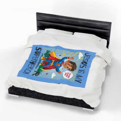 Jesus is my Superhero! Kid's Blanket - Blue, Blk. Lettering, Hispanic Supe - Image 19