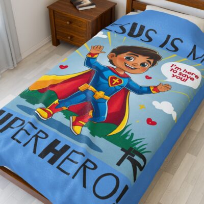 Jesus is my Superhero! Kid's Blanket - Blue, Blk. Lettering, Hispanic Supe - Image 3