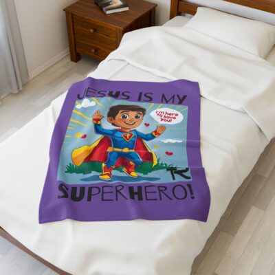 Jesus is my Superhero! Kid's Blanket - Purple, Blk. Lettering, Hispanic Supe - Image 9