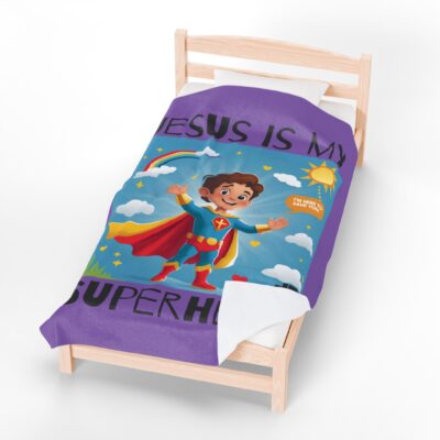 Jesus is my Superhero! Kid's Blanket - Purple, Blk. Lettering, White Supe