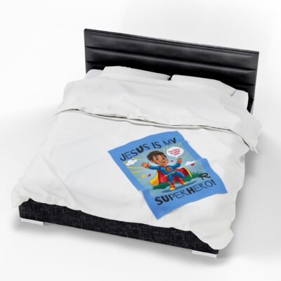 Jesus is my Superhero! Kid's Blanket - Blue, Blk. Lettering, Hispanic Supe - Image 12