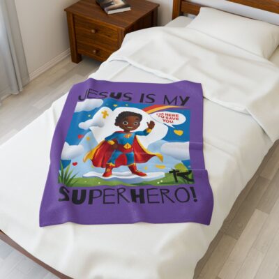 Jesus is my Superhero! Kid's Blanket - Purple, Blk. Lettering, Black Supe - Image 9