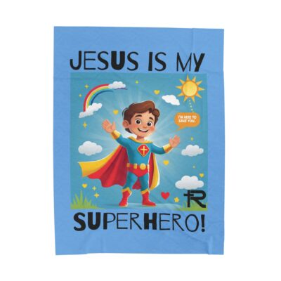 Jesus is my Superhero! Kid's Blanket - Blue, Blk. Lettering, White Supe - Image 2