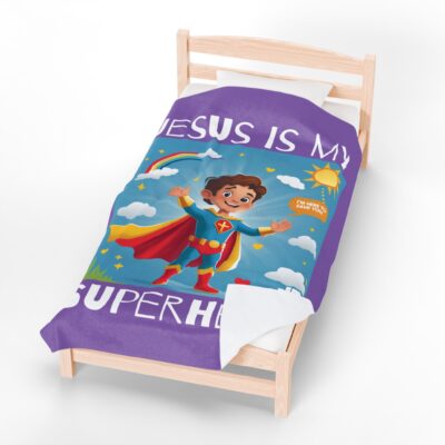 Jesus is my Superhero! Kid's Blanket - Purple, Wht. Lettering, White Supe