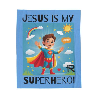 Jesus is my Superhero! Kid's Blanket - Blue, Blk. Lettering, White Supe - Image 15