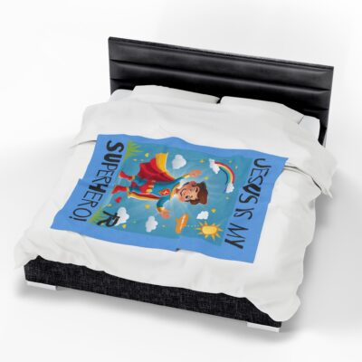 Jesus is my Superhero! Kid's Blanket - Blue, Blk. Lettering, White Supe - Image 19