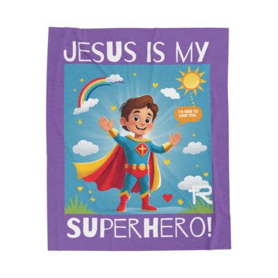 Jesus is my Superhero! Kid's Blanket - Purple, Wht. Lettering, White Supe - Image 15