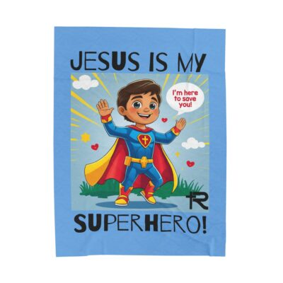 Jesus is my Superhero! Kid's Blanket - Blue, Blk. Lettering, Hispanic Supe - Image 2