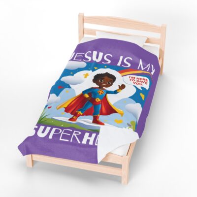 Jesus is my Superhero! Kids Blanket - Purple, Wht. Lettering, Black Supe