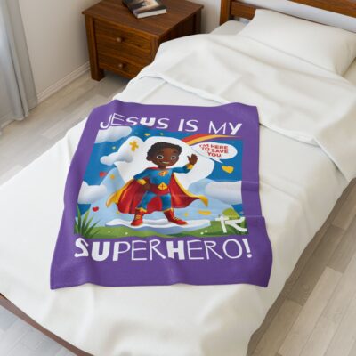 Jesus is my Superhero! Kids Blanket - Purple, Wht. Lettering, Black Supe - Image 9