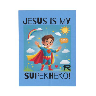Jesus is my Superhero! Kid's Blanket - Blue, Blk. Lettering, White Supe - Image 8