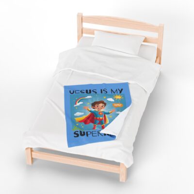 Jesus is my Superhero! Kid's Blanket - Blue, Blk. Lettering, White Supe - Image 11