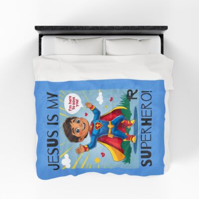 Jesus is my Superhero! Kid's Blanket - Blue, Blk. Lettering, Hispanic Supe - Image 7