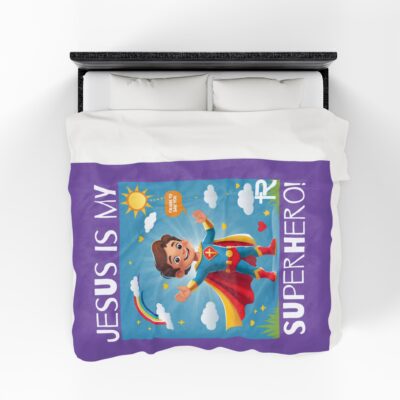 Jesus is my Superhero! Kid's Blanket - Purple, Wht. Lettering, White Supe - Image 7