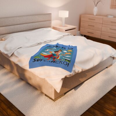 Jesus is my Superhero! Kid's Blanket - Blue, Blk. Lettering, White Supe - Image 10